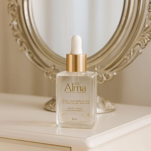 Serum Alma ácido hialurónico con extracto de pepino en frasco de vidrio sobre tocador.
