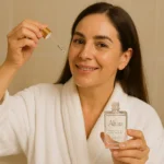Mujer aplica ácido hialurónico Alma con pepino en rostro, con gotero y frasco.
