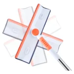 Trapeador limpiador de microfibra con cabezal giratorio y mango extensible, ideal para ventanas.