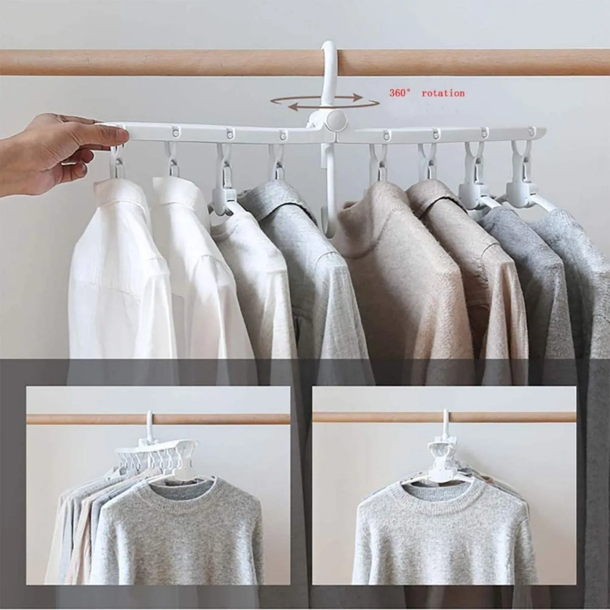 Perchero colgante ahorrador para 8 prendas, gira 360°, ideal para organizar ropa y optimizar espacio.