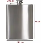 Licorera de acero inoxidable de 8 oz con medidas de 15 x 10.5 cm.
