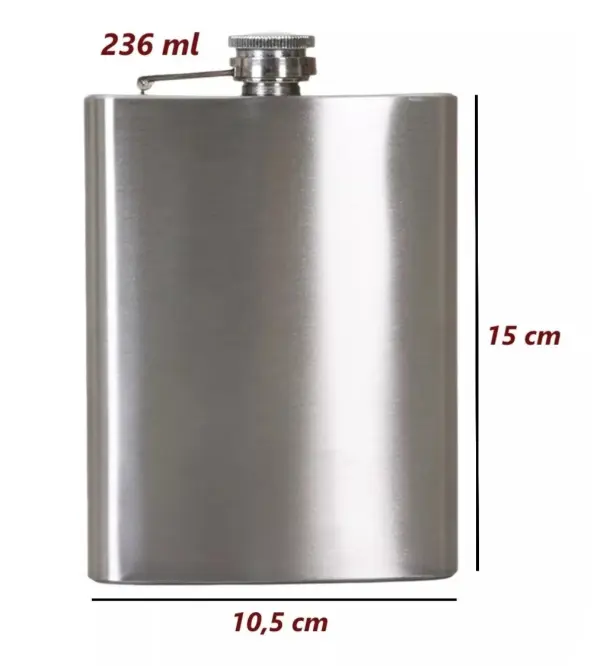 Licorera de acero inoxidable de 8 oz con medidas de 15 x 10.5 cm.