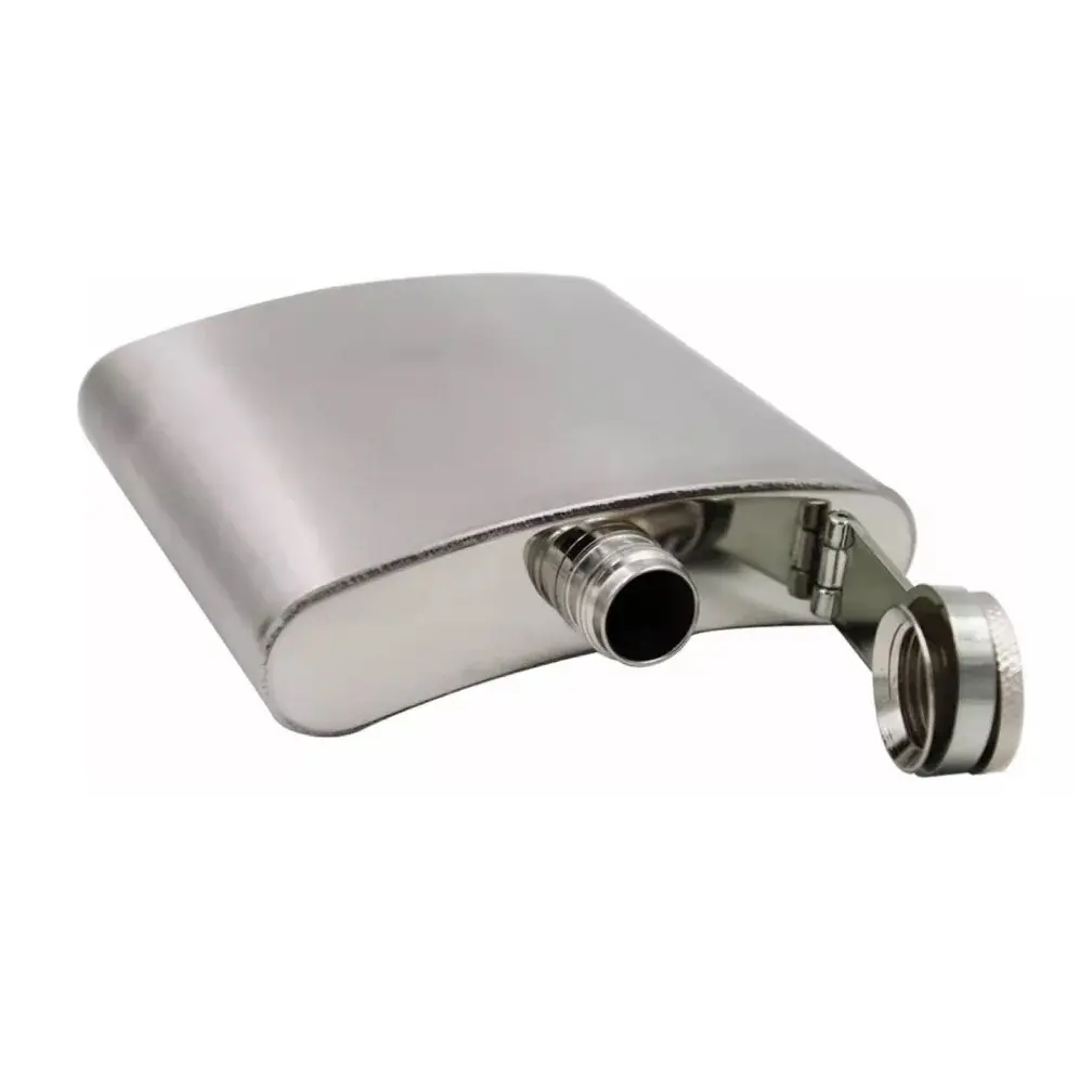 Licorera de acero inoxidable de 8 oz con tapa abierta y detalles plateados.