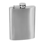 Licorera de acero inoxidable de 8 oz con tapa plateada a presión y detalles texturizados.