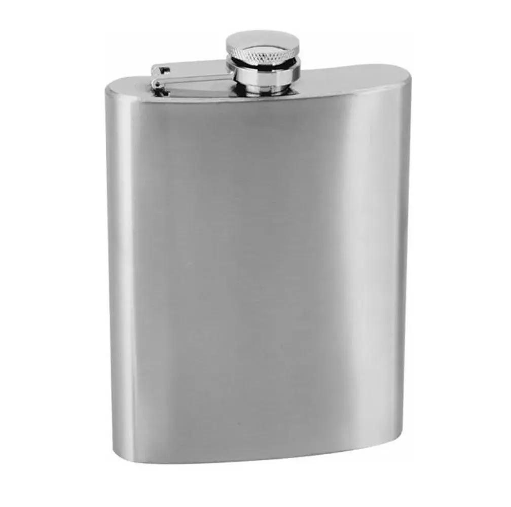 Licorera de acero inoxidable de 8 oz con tapa plateada a presión y detalles texturizados.