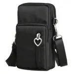 Mini bolso billetera negro para mujer con correa para celular, estilo cruzado.