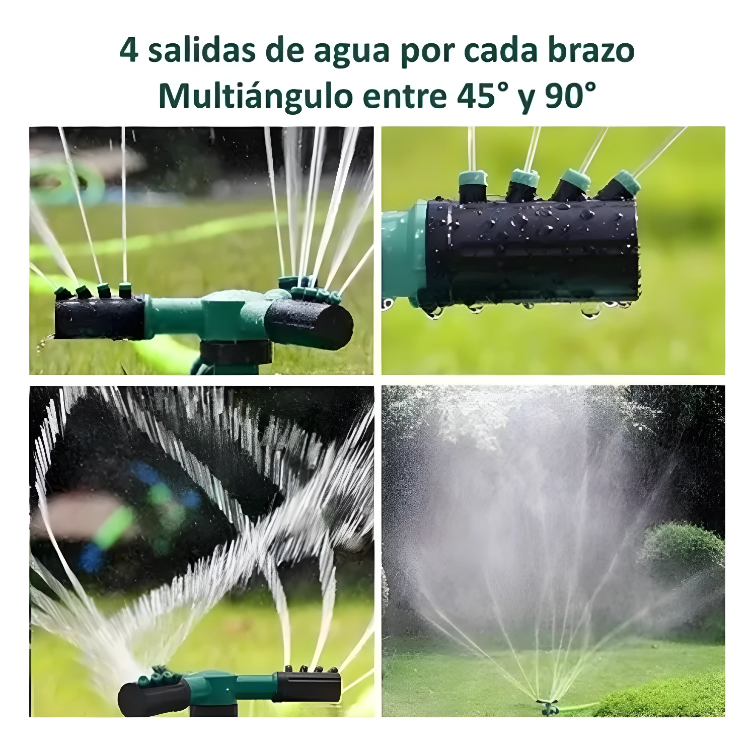 Aspersor de riego 360 rotatorio con 4 salidas de agua por brazo para jardín.