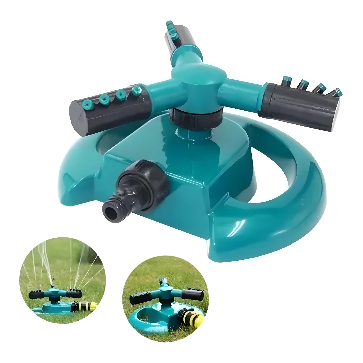 Aspersor de riego 360° automático para jardín con manguera conectada en césped verde.