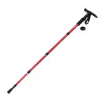 Bastón de senderismo ajustable en rojo con linterna LED y agarre ergonómico negro.