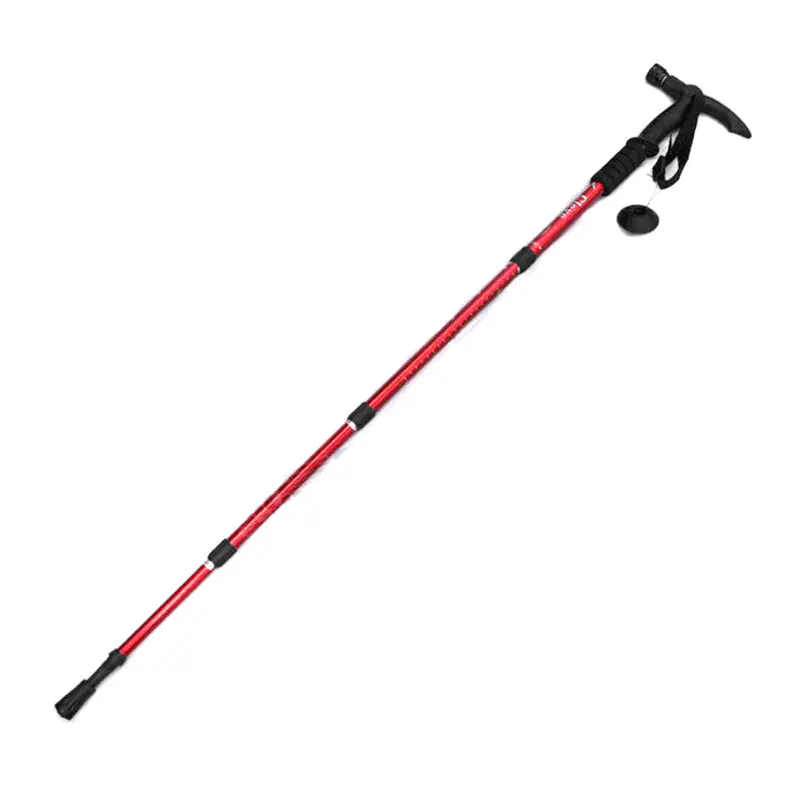 Bastón de senderismo ajustable en rojo con linterna LED y agarre ergonómico negro.