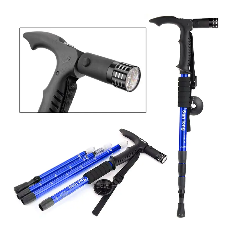 Bastón de senderismo ajustable con linterna LED, ideal para trekking y caminatas.