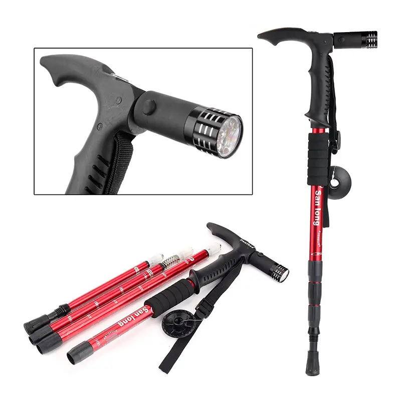 Bastón de trekking ajustable con linterna LED, ideal para senderismo y exteriores.
