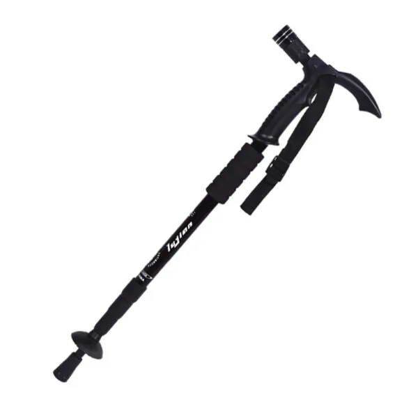 Bastón de senderismo trekking ajustable con linterna LED, mango ergonómico y correa.