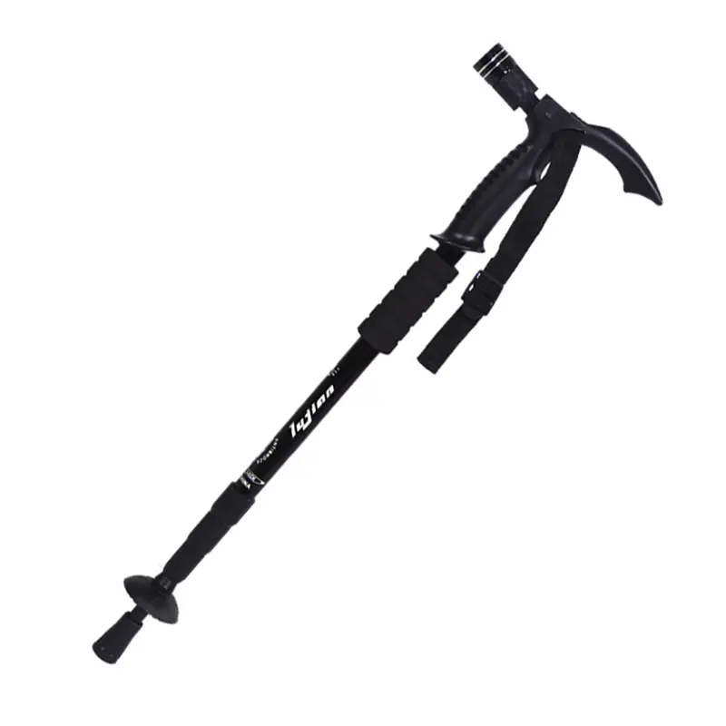 Bastón de senderismo trekking ajustable con linterna LED, mango ergonómico y correa.