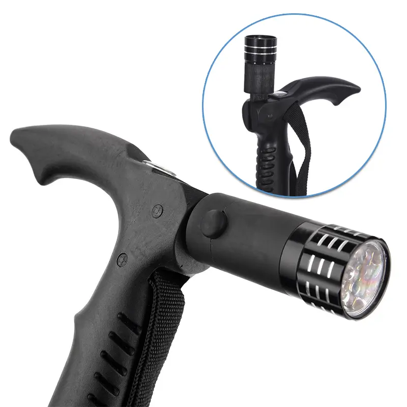 Bastón de senderismo ajustable con linterna LED integrada para caminar y trekking.