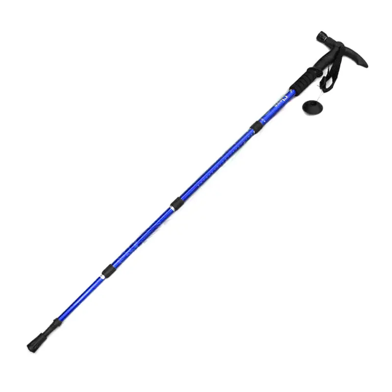 Bastón de senderismo azul con linterna LED ajustable, ideal para trekking y caminatas.