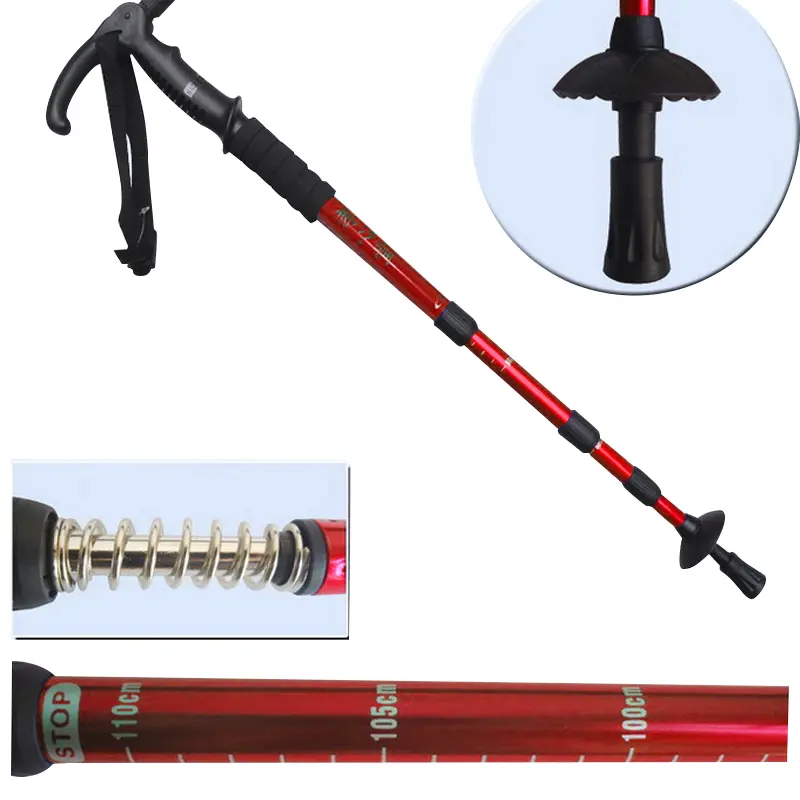Bastón de trekking senderismo ajustable con linterna LED, resorte y marcado en cm.