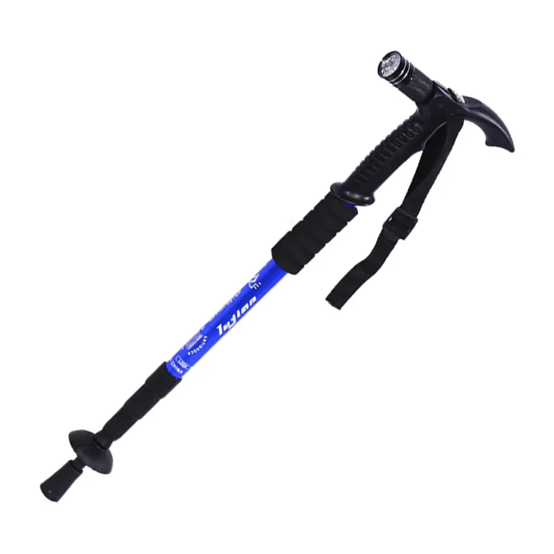 Bastón de senderismo ajustable con linterna LED y correa de mano, color azul.