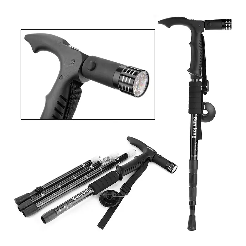 Bastón de trekking con linterna LED y correa ajustable, ideal para senderismo y caminatas.