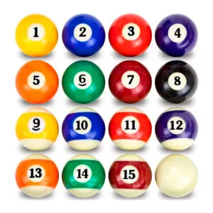 Set de 16 bolas de billar pool estándar, incluyendo la bola blanca, numeradas del 1 al 15.