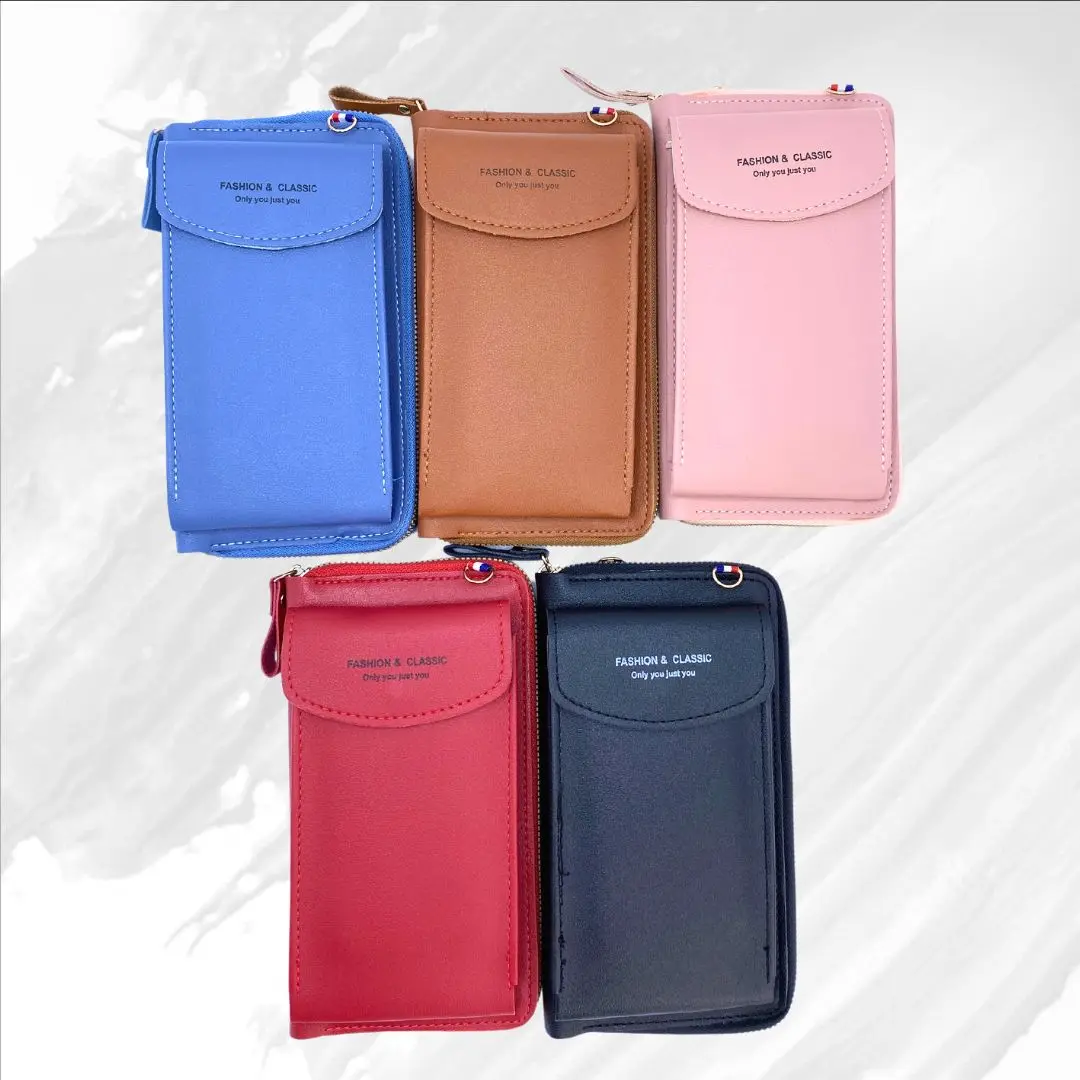 Bolso de lujo porta celular multifunción en azul, café, rosa, rojo y negro, ideal para moda y estilo.