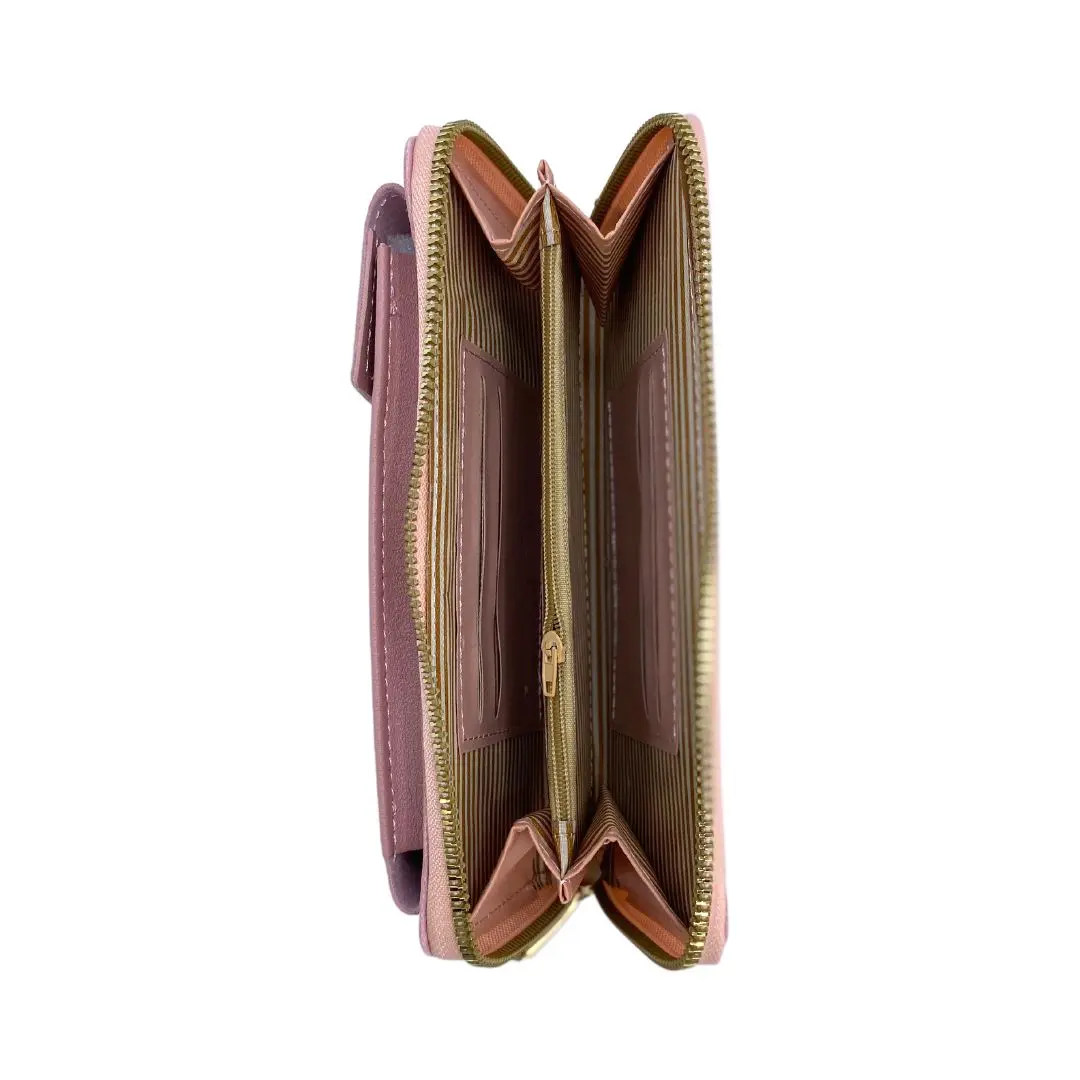 Bolso de lujo rosa para celular, multifunción, con múltiples compartimentos y cierre de cremallera.