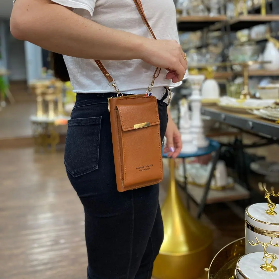 Bolso de lujo café porta celular multifunción con correa, para mujer.