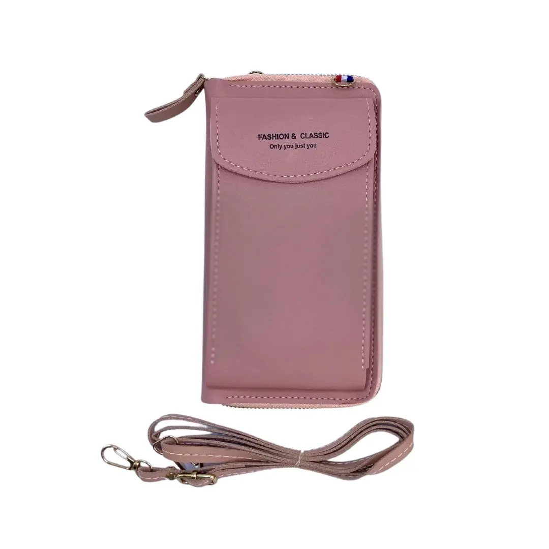 Bolso de lujo rosa porta celular multifunción con correa, con texto "FASHION & CLASSIC".