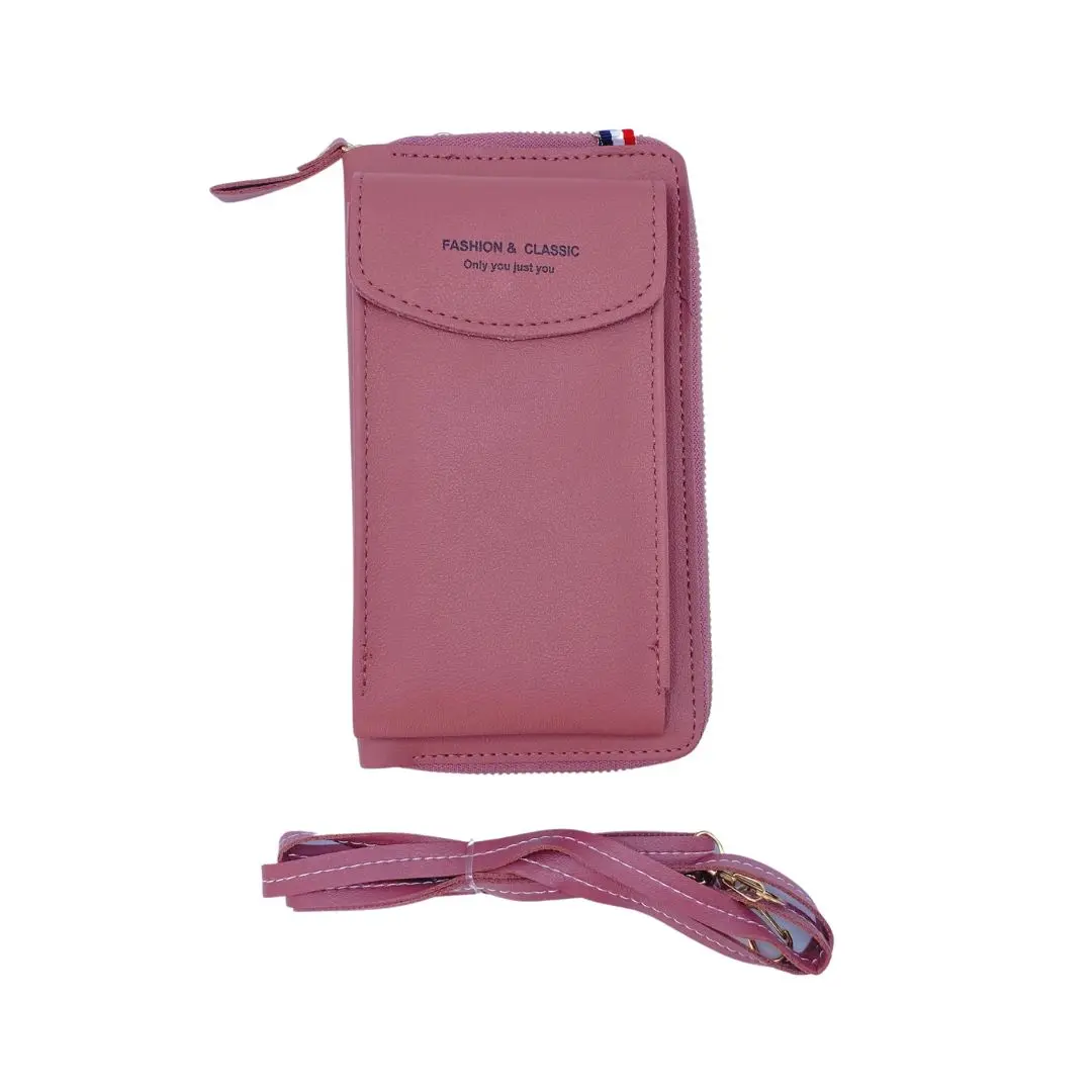 Bolso de lujo porta celular multifunción color rosa, con correa ajustable y diseño clásico.