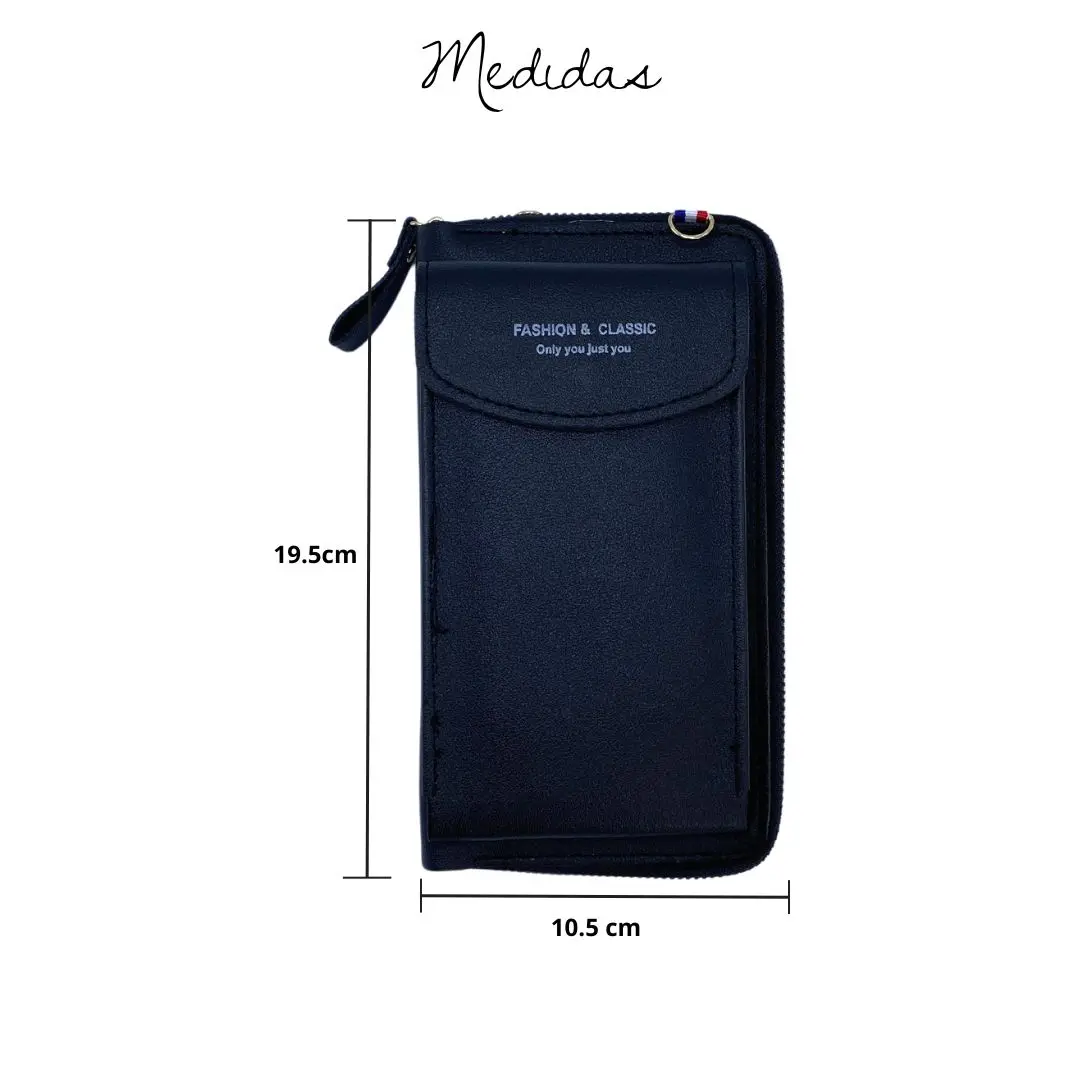 Bolso de lujo porta celular multifunción en cuero negro, 19.5 x 10.5 cm, ideal para mujer.