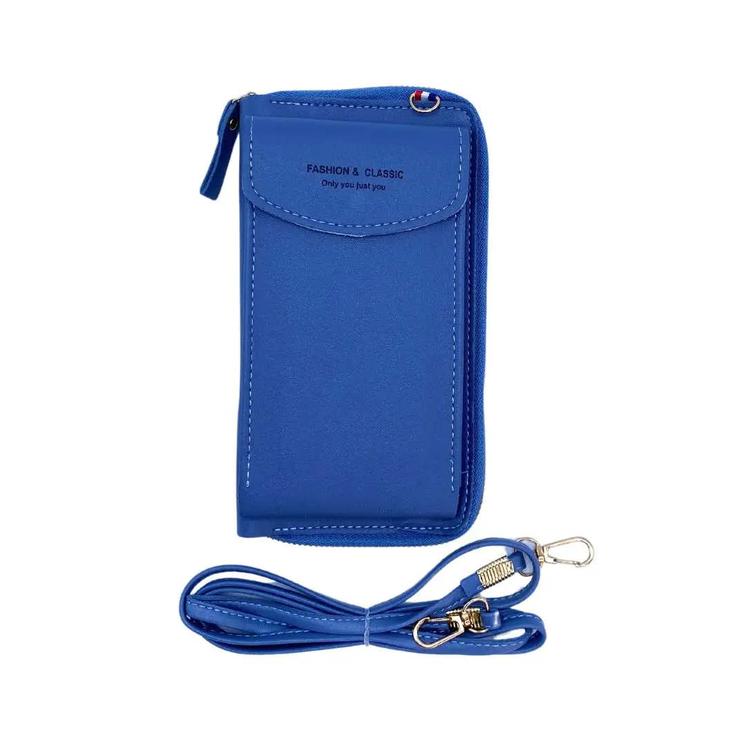 Bolso de lujo azul para celular, multifuncional, con correa ajustable y texto "Fashion & Classic".