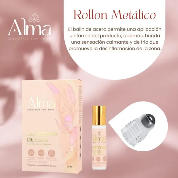 Contorno de ojos Alma con colágeno y elastina: roll-on metálico con efecto frío relajante.