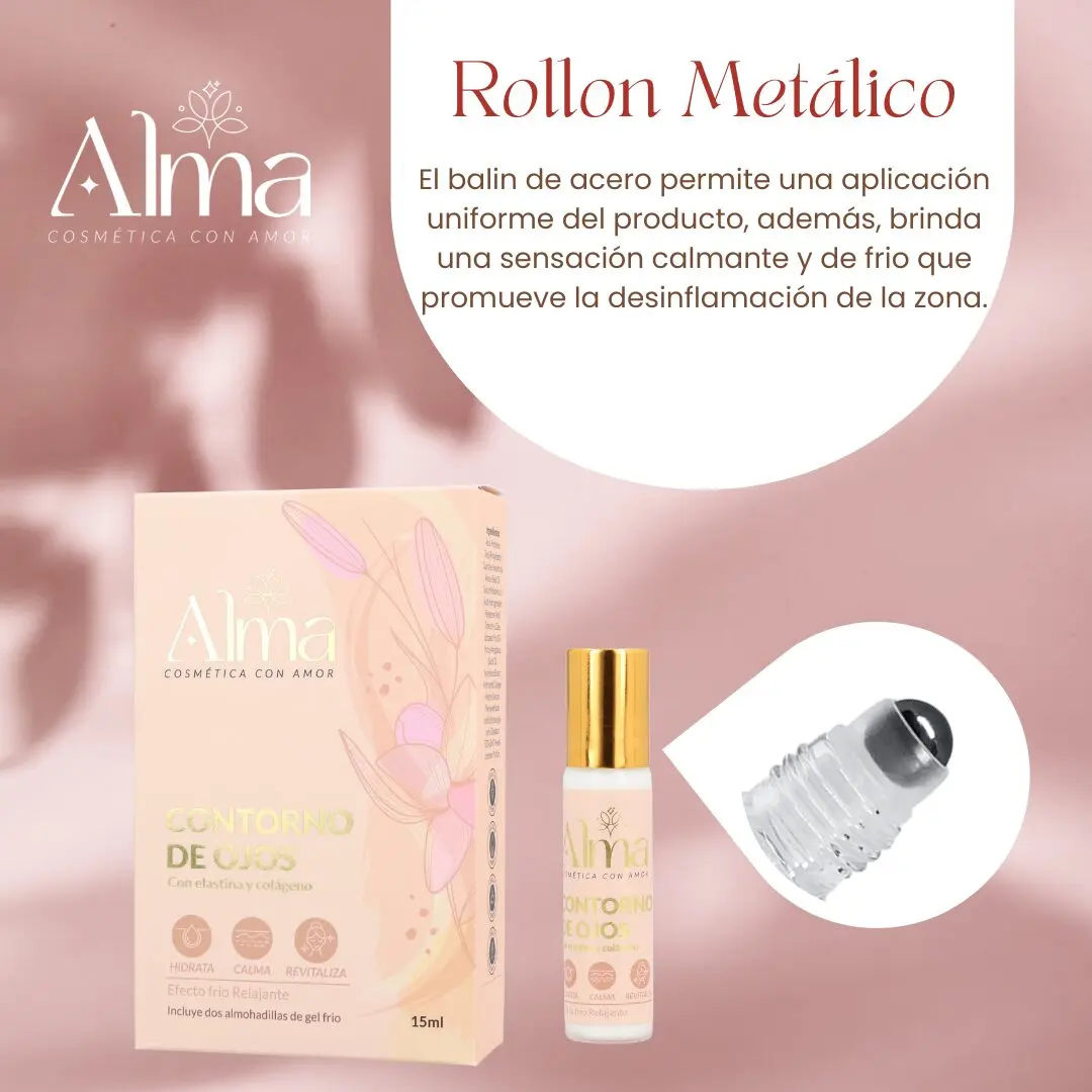 Contorno de ojos Alma con colágeno y elastina: roll-on metálico con efecto frío relajante.