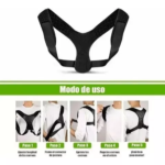 Corrector de postura unisex para alivio y mejora, con instrucciones de uso paso a paso.