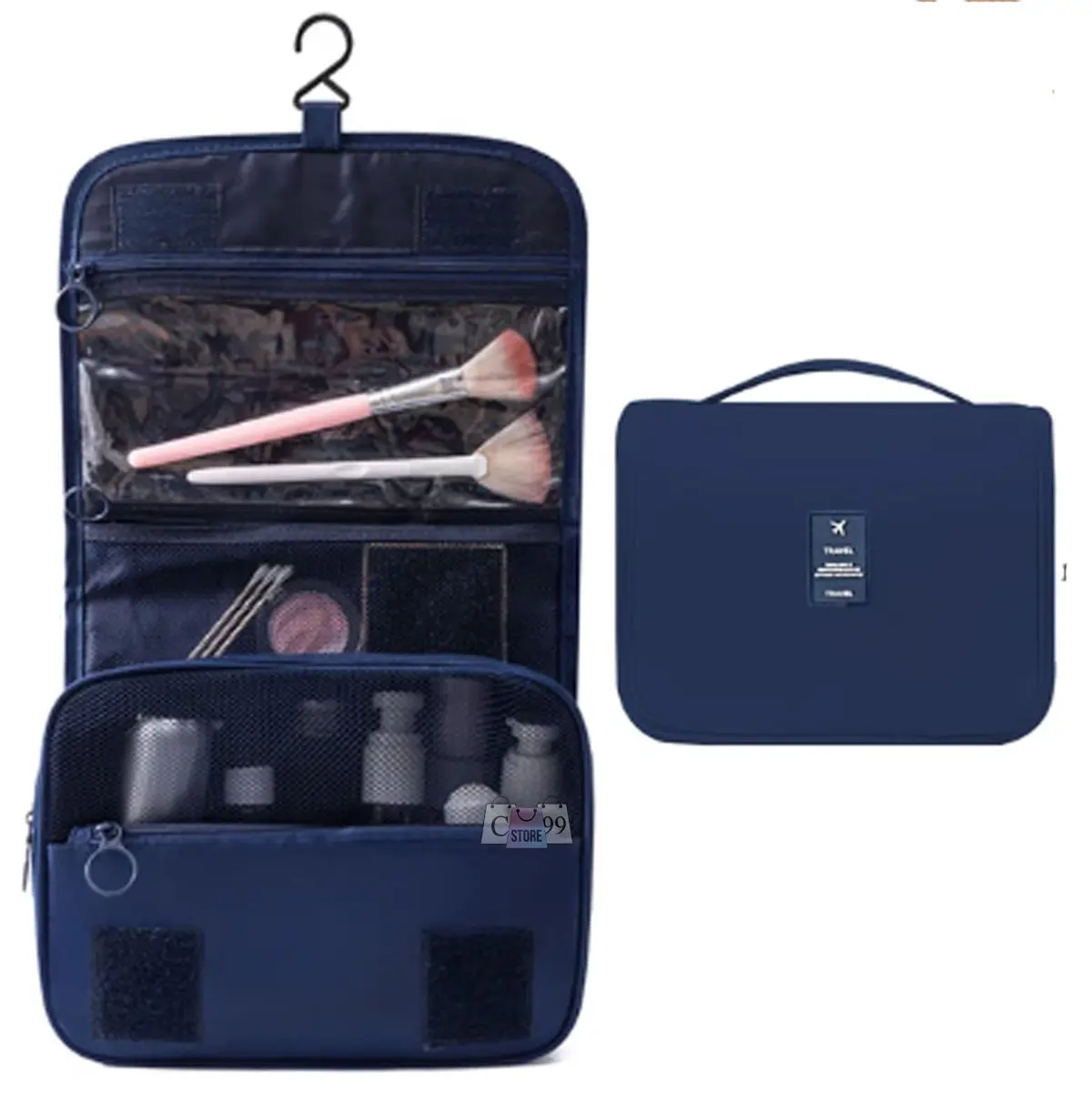 Cosmetiquera organizadora de viajes colgante azul con compartimentos y estuches de maquillaje.