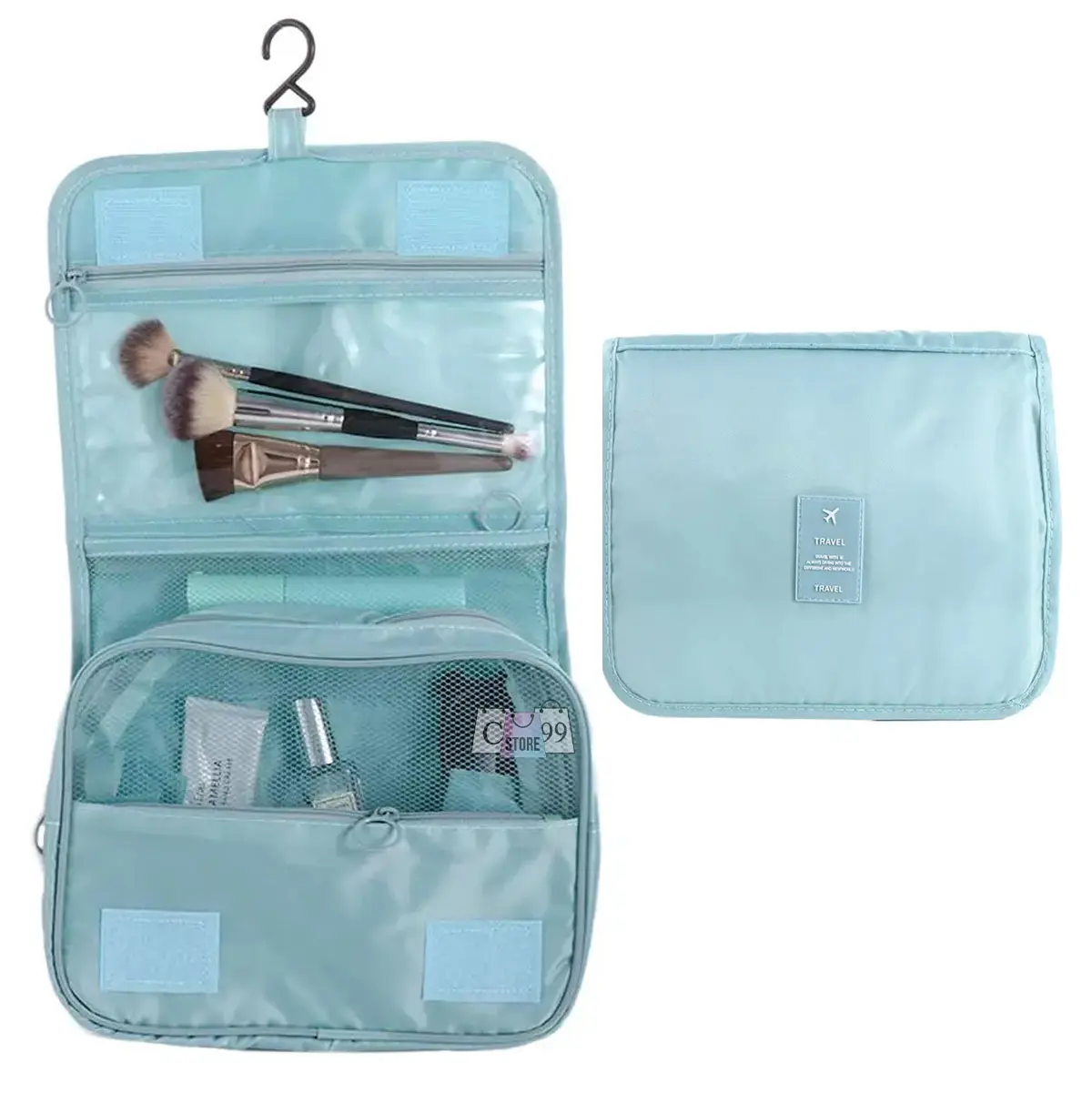 Cosmetiquera organizador de viajes azul con compartimentos, pinceles y productos.
