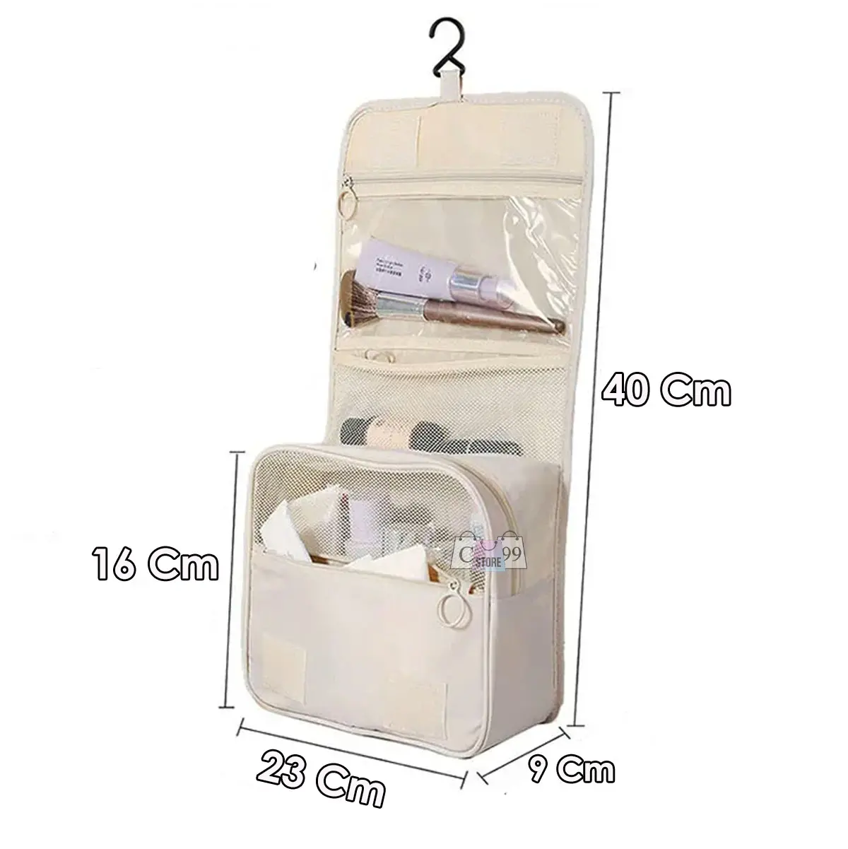 Cosmetiquera de viaje colgante beige con compartimentos y organizador de maquillaje.