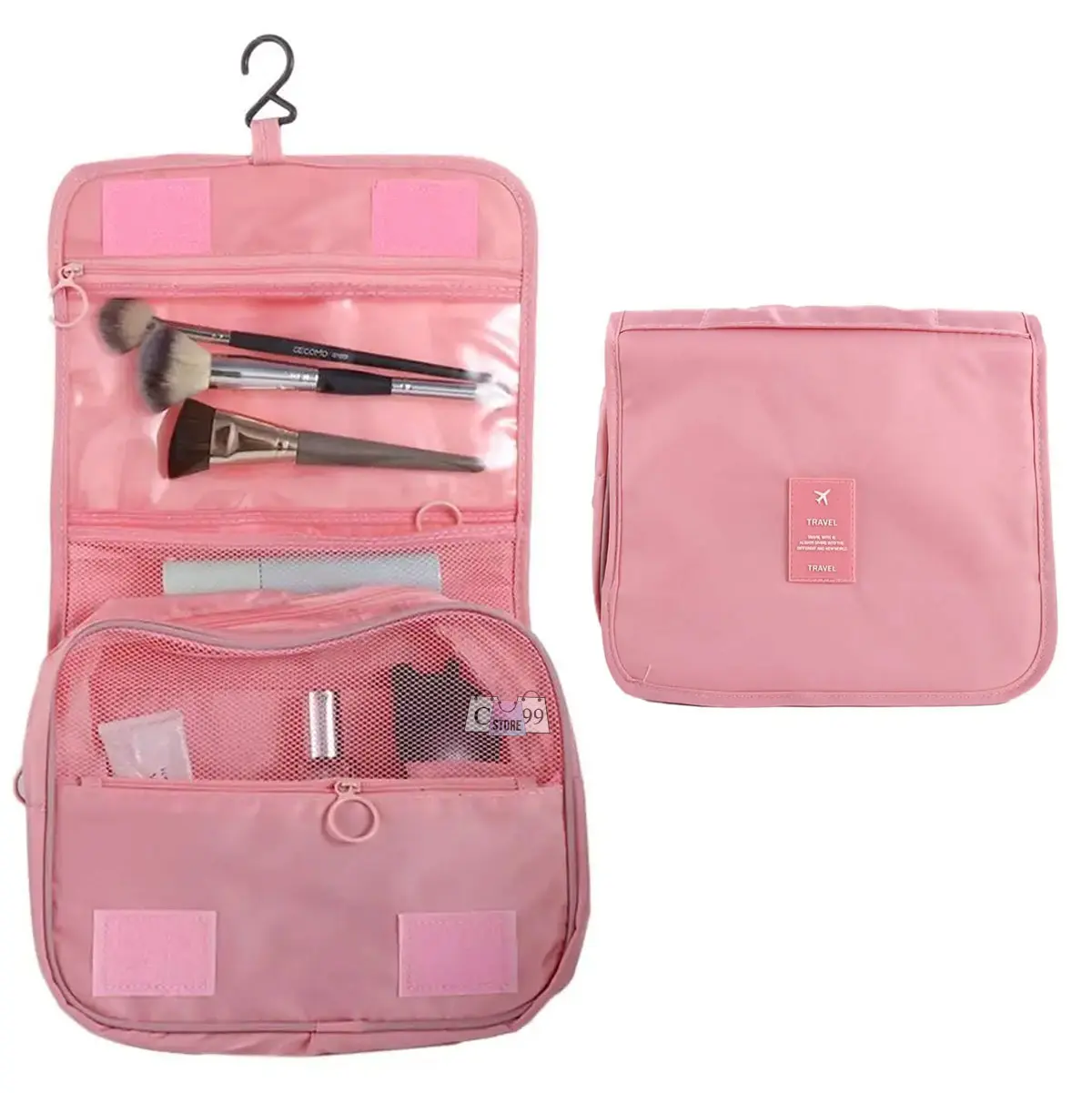 Cosmetiquera organizadora de viaje colgante rosada con compartimentos transparentes y cierre.