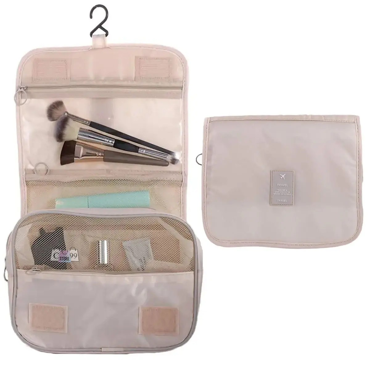 Cosmetiquera colgante beige para viajes con organizador de brochas y compartimentos de malla.