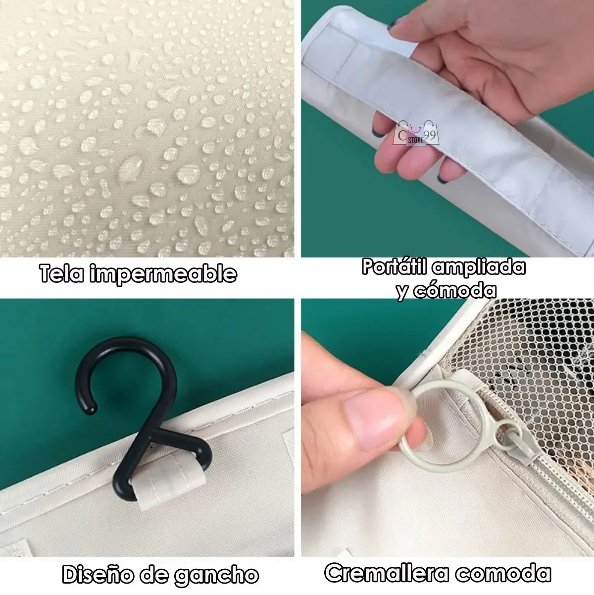Cosmetiquera impermeable con gancho, portátil y cremallera cómoda para viajes.