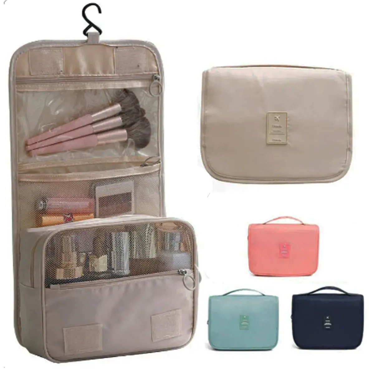 Cosmetiquera colgante beige con múltiples compartimentos y tres bolsos organizadores pequeños de viaje en coral, aguamarina…