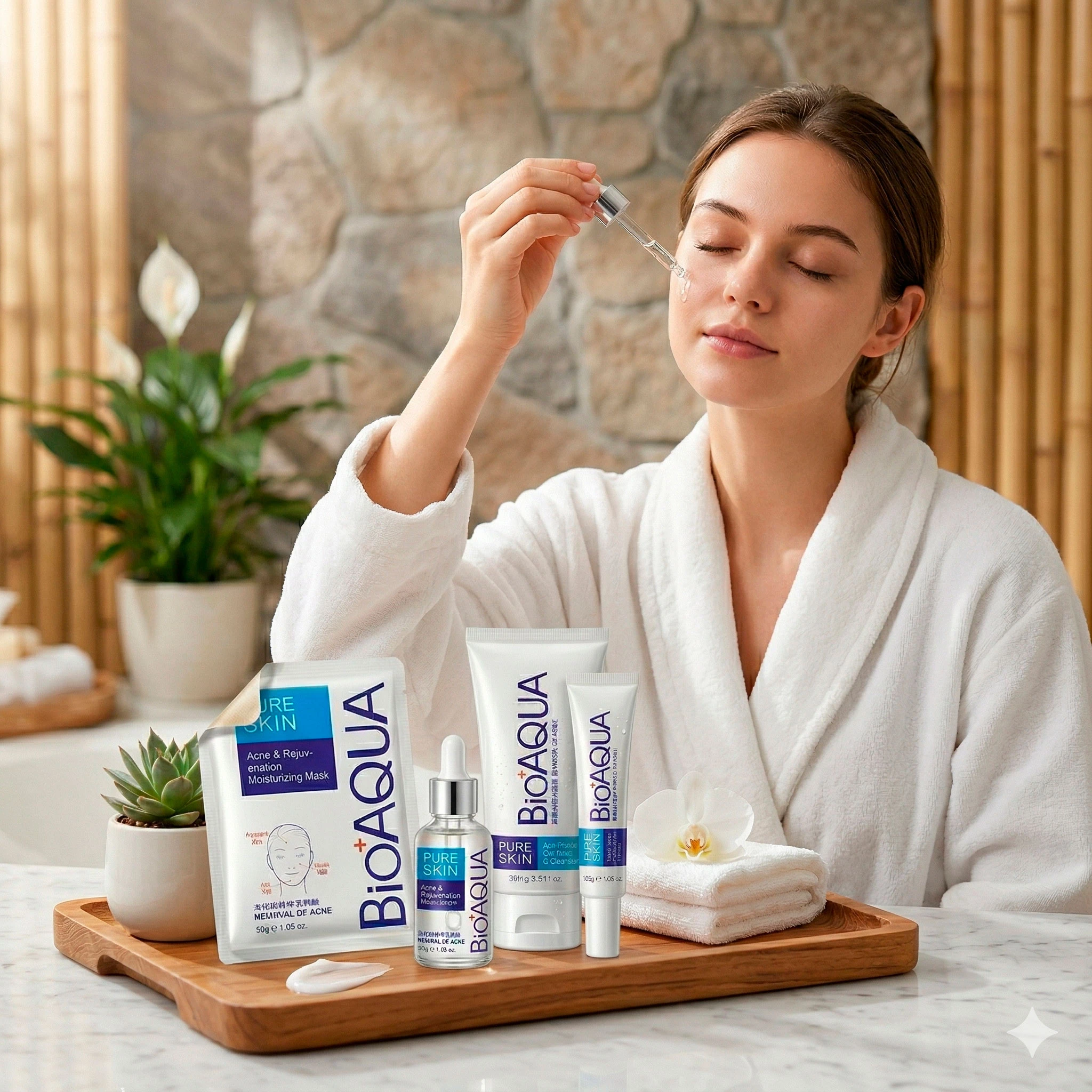 Kit Bioaqua anti acné con serum, limpiador, crema y mascarilla, aplicado por mujer en baño de spa.