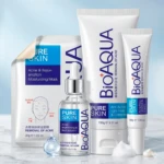 Kit Bioaqua Anti Acné: mascarilla, suero, limpiador y crema en envases blancos, para piel grasa y brotes.