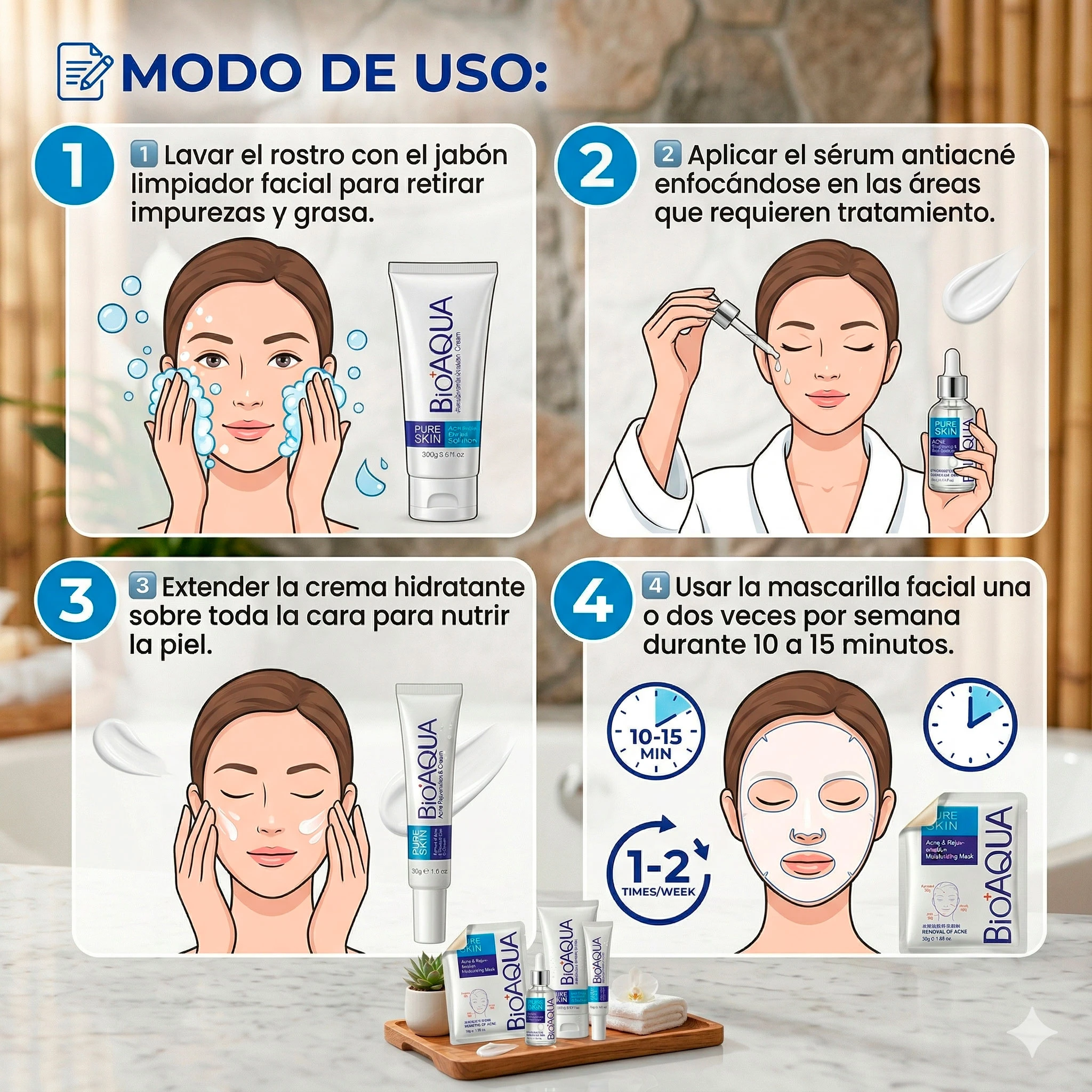 Rutina antiacné Bioaqua: limpieza, sérum, crema y mascarilla facial para piel grasa.