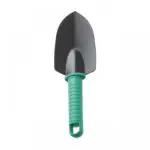 Pala de jardinería con mango ergonómico verde, herramienta esencial para el huerto.