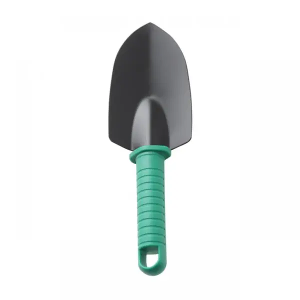 Pala de jardinería con mango ergonómico verde, herramienta esencial para el huerto.
