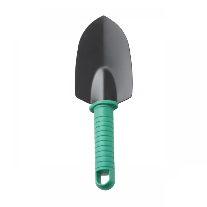 Pala de jardinería con mango ergonómico verde, herramienta esencial para el huerto.