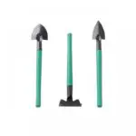 Kit jardinería herramientas 3 piezas: pala, paleta y rastrillo verde con mango metálico.