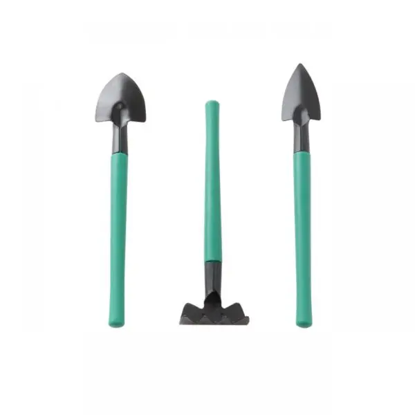Kit jardinería herramientas 3 piezas: pala, paleta y rastrillo verde con mango metálico.