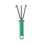 Mini rastrillo verde con tres dientes de metal para jardinería.